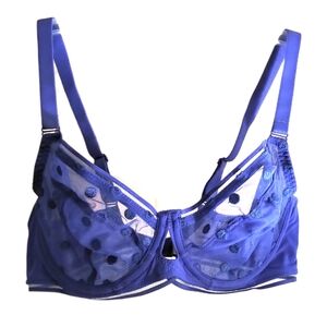 🐞Curvy Kate Wired Unlined Sheer Mesh Bra Polka Sapphire Blue Jewel Tone 32DD